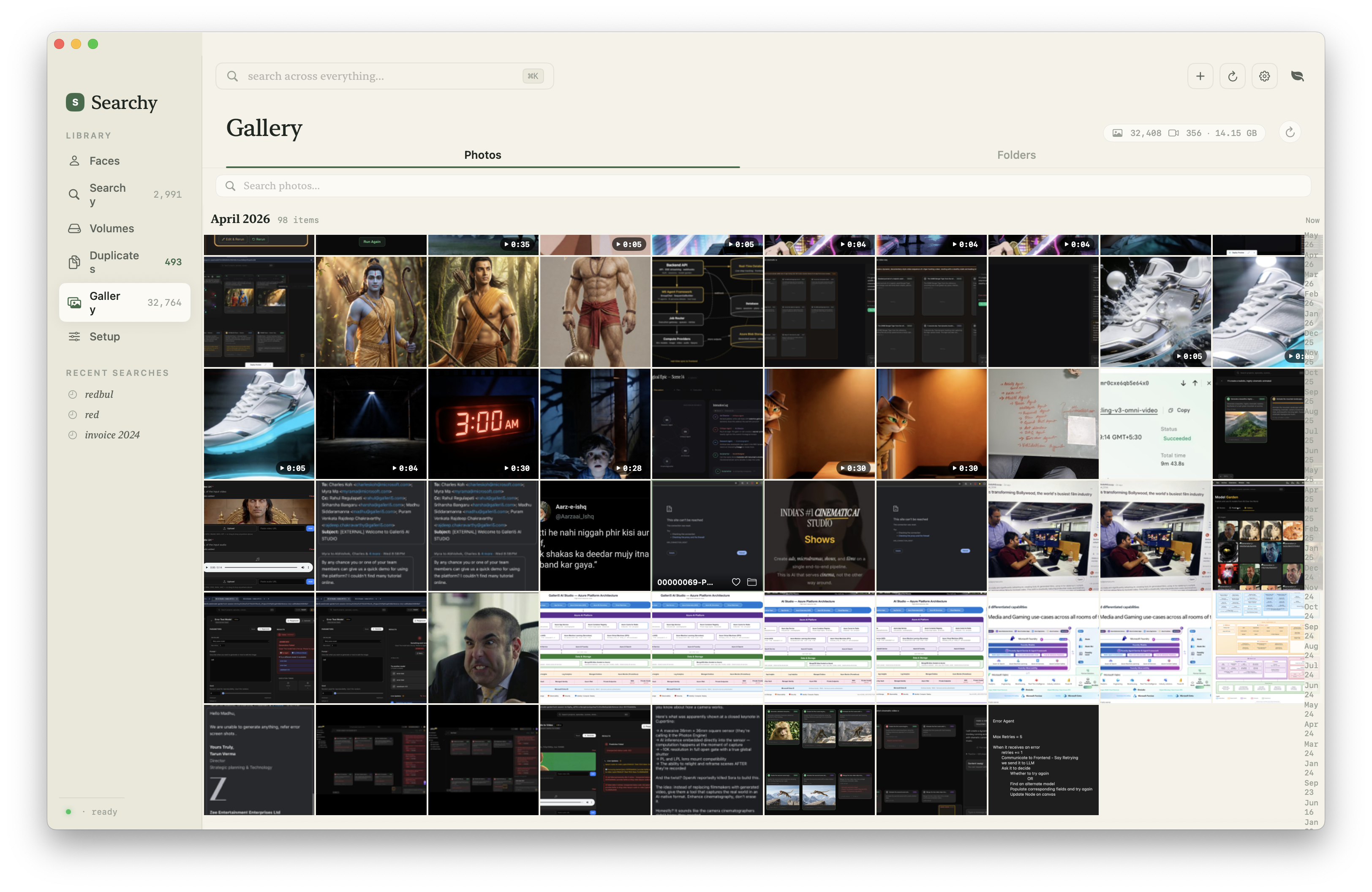 Searchy gallery view showing an indexed photo library by date