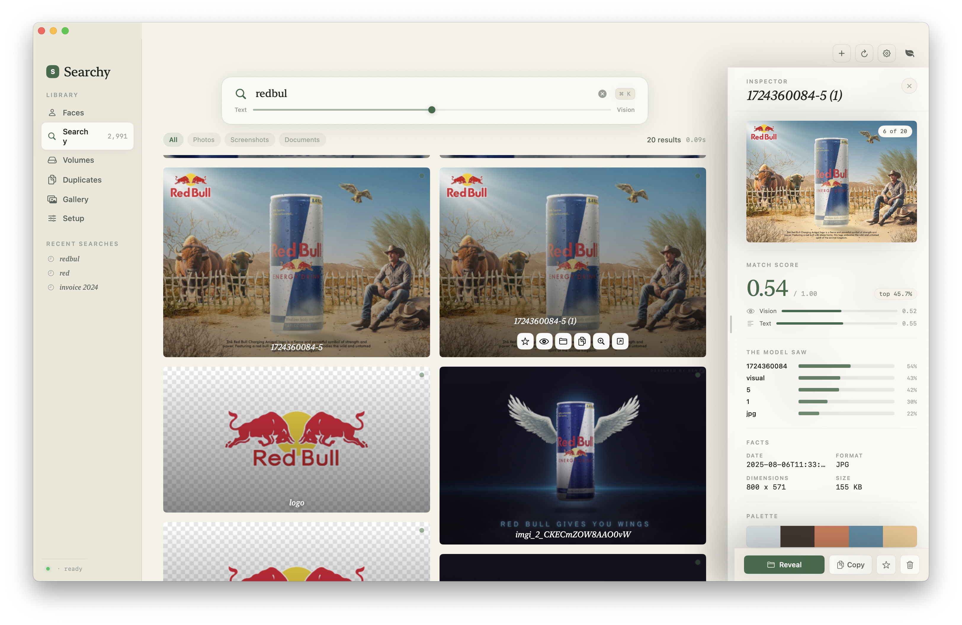 Searchy showing hybrid text and vision search results with an inspector panel