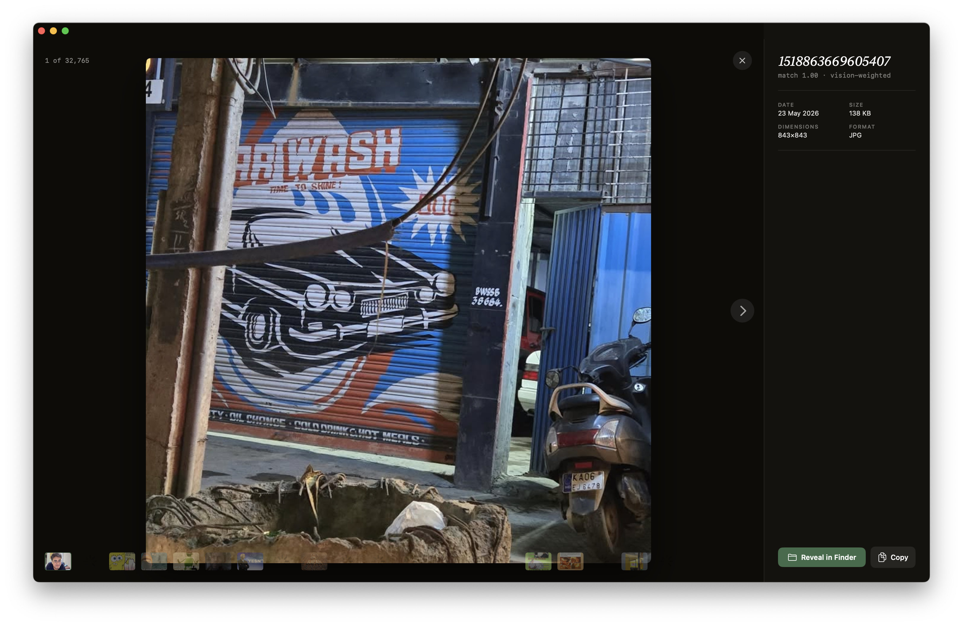 Searchy full-screen image inspector showing photo metadata and Finder actions