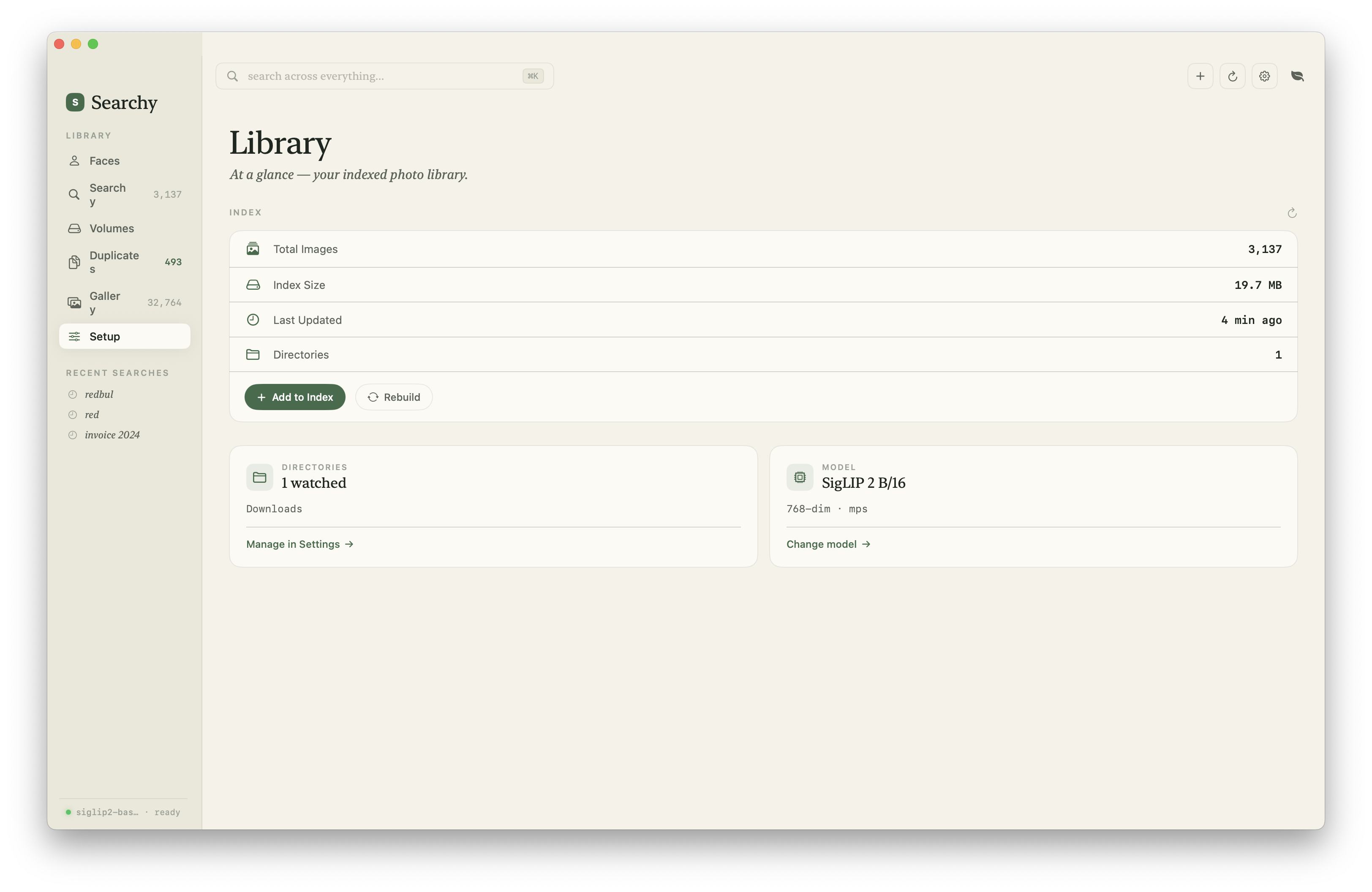 Searchy library setup view with index statistics, directories, and active model