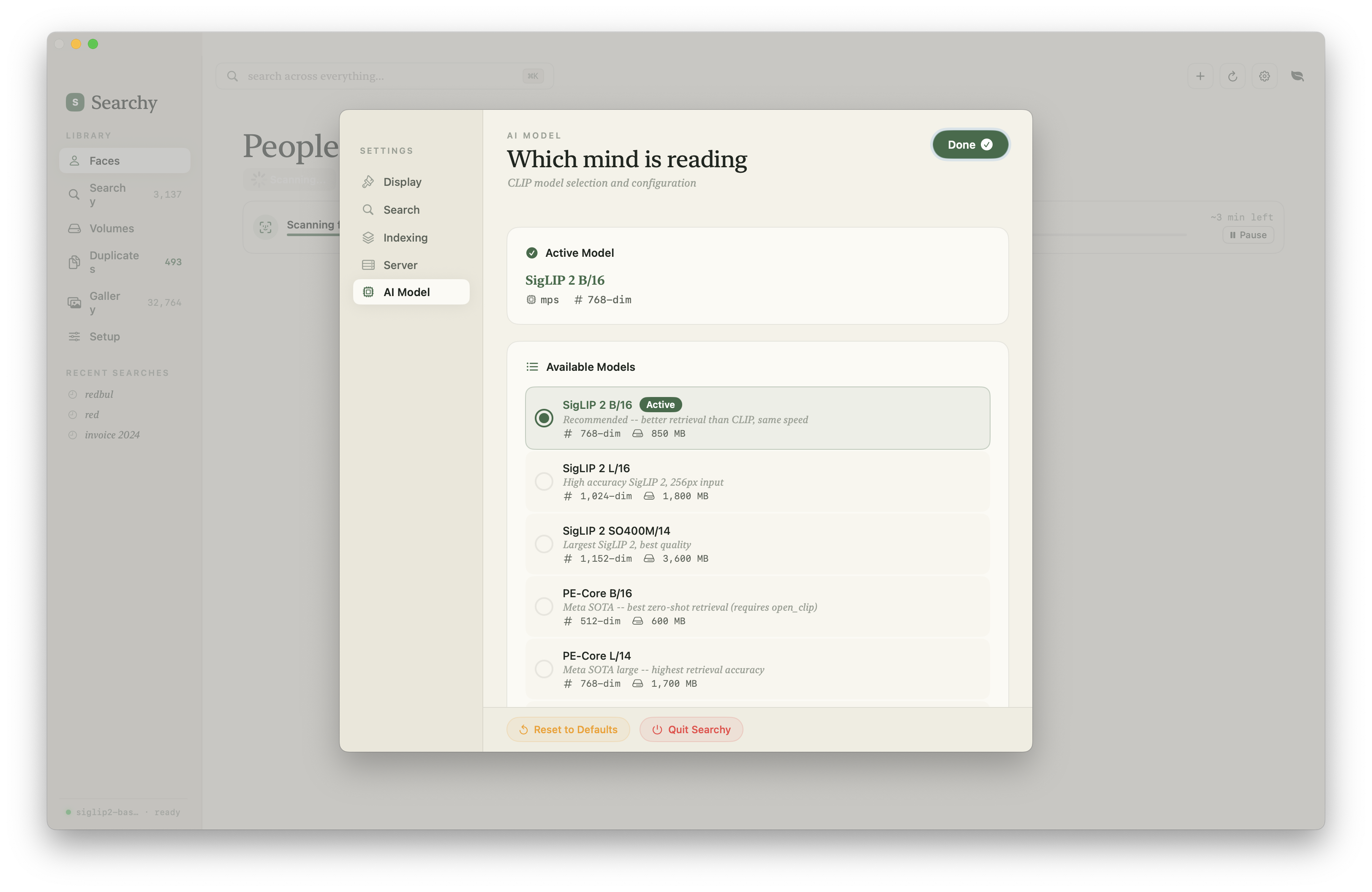 Searchy AI model settings showing selectable CLIP and SigLIP retrieval models