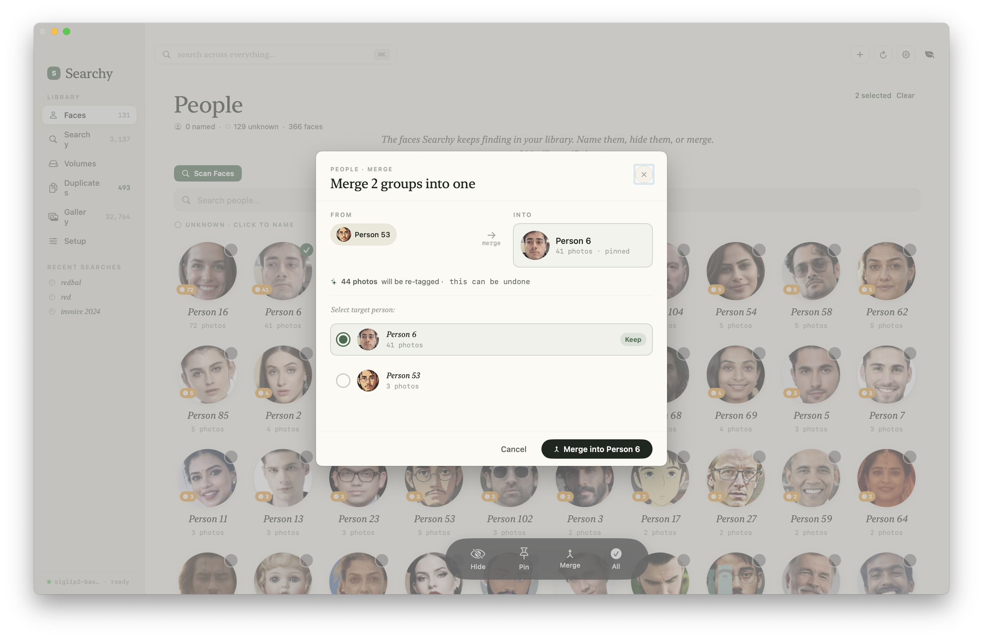 Searchy face merge dialog combining two detected person groups
