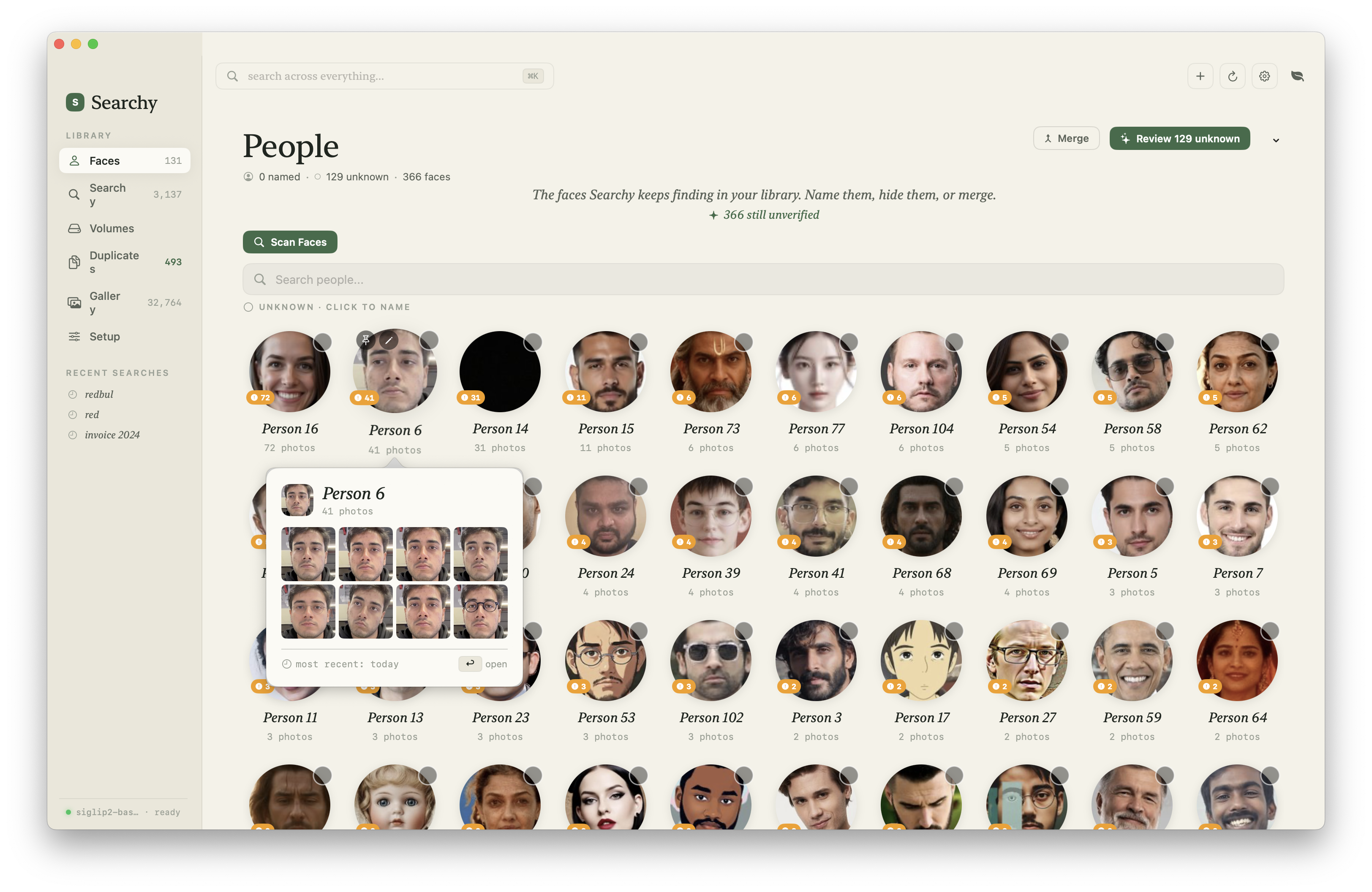 Searchy people view showing face clusters and unnamed person groups