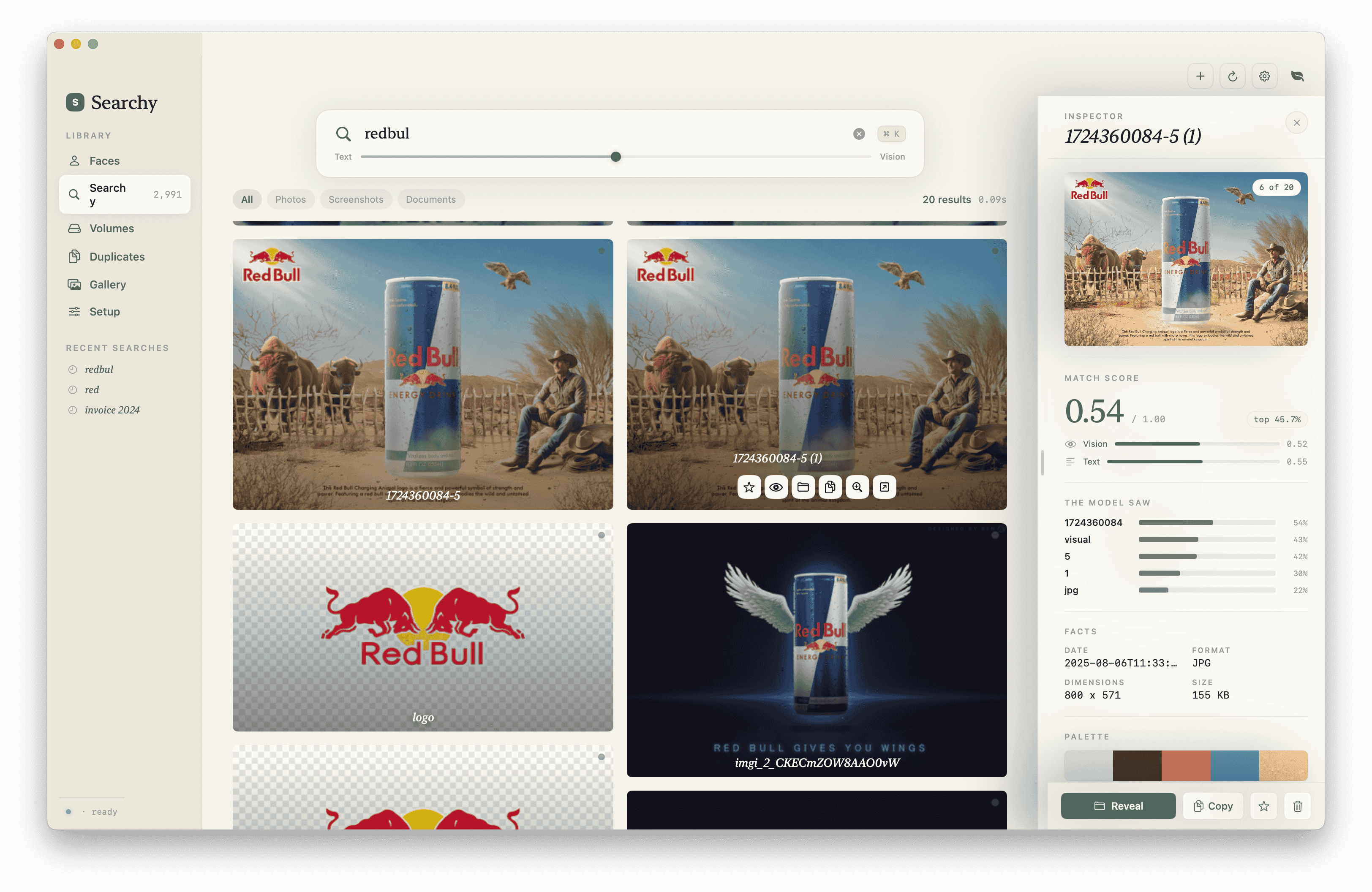 Searchy hybrid text and image search results with an inspector panel